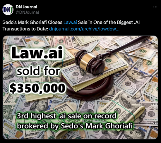 Law.ai以35万美元成交,刷新.ai域名第三高纪录