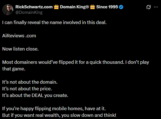 AiReviews.com Sold for $1.34 Million, Rick Schwartz Creates Another Domain Investment Legend