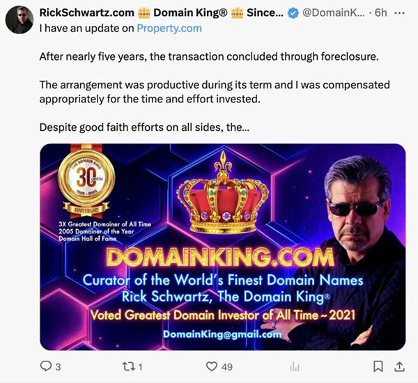 A domain valued at $36 million has returned! The domain tycoon has regained ownership of Property.com.