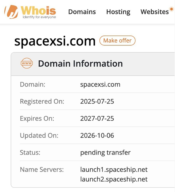 Breaking news! Musk acquired SpaceXSI.com for $174,000.