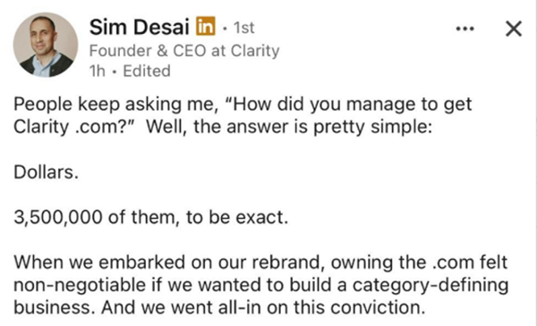 4th of the Year! Clarity Acquires Brand Domain Name Clarity.com for $3.5 Million