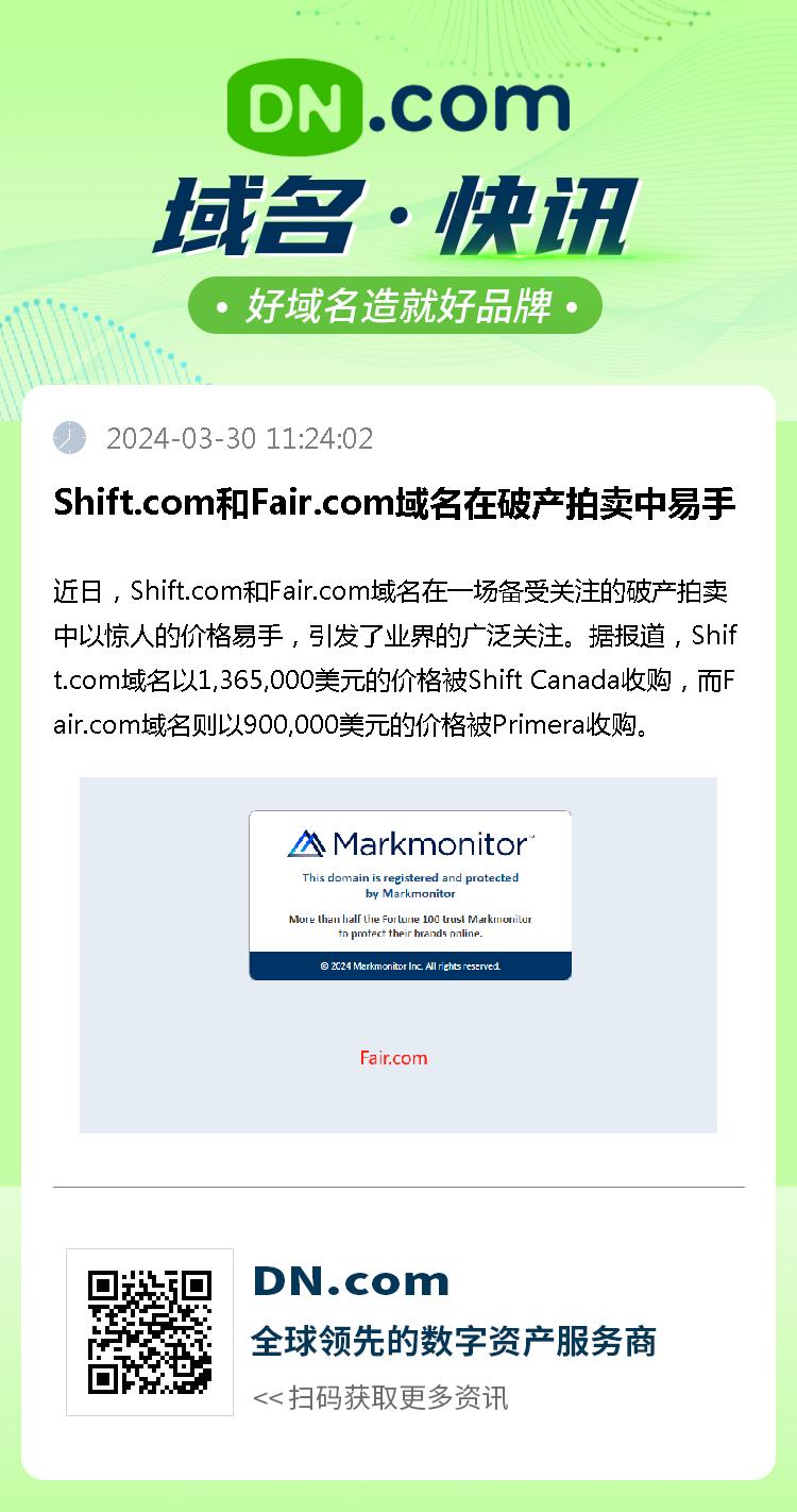 Shift.com和Fair.com域名在破产拍卖中易手