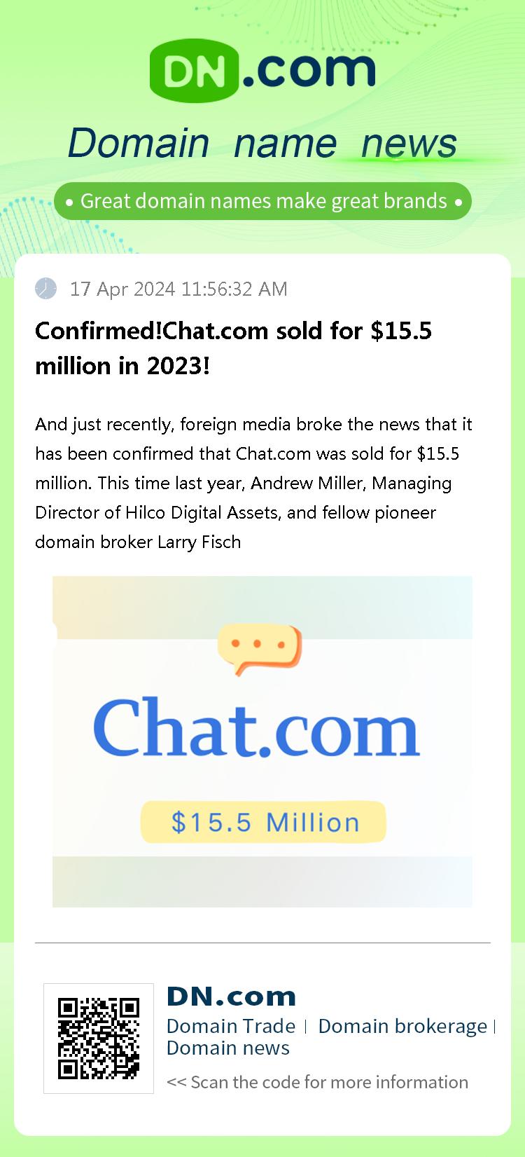 Confirmed!Chat.com sold for $15.5 million in 2023!