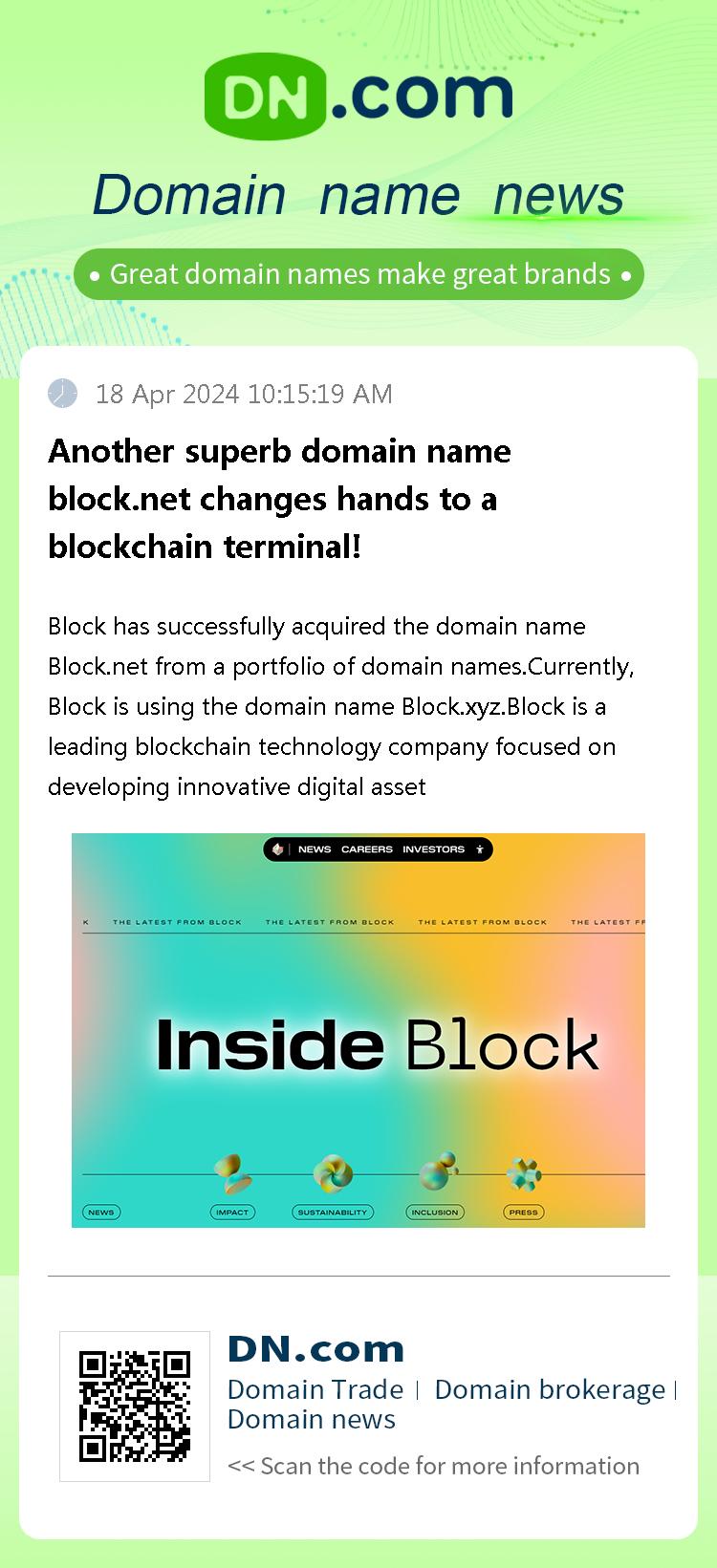 Another superb domain name block.net changes hands to a blockchain terminal!