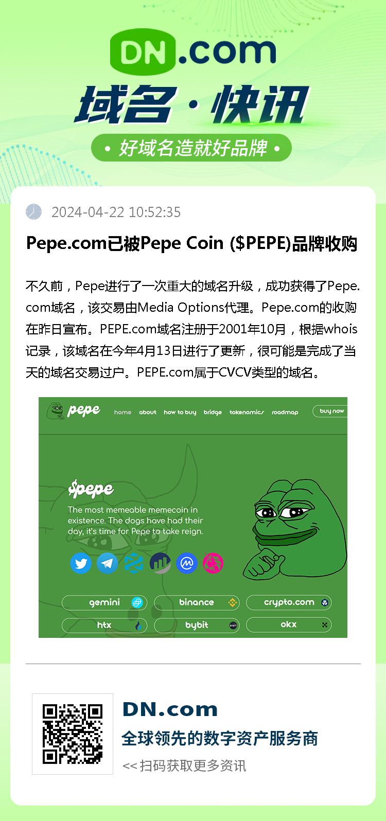 Pepe.com已被Pepe Coin ($PEPE)品牌收购