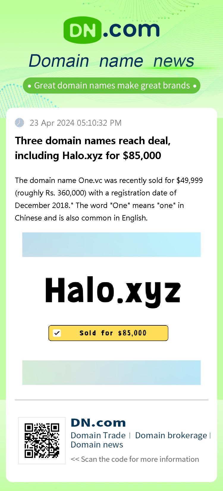 Three domain names reach deal, including Halo.xyz for $85,000