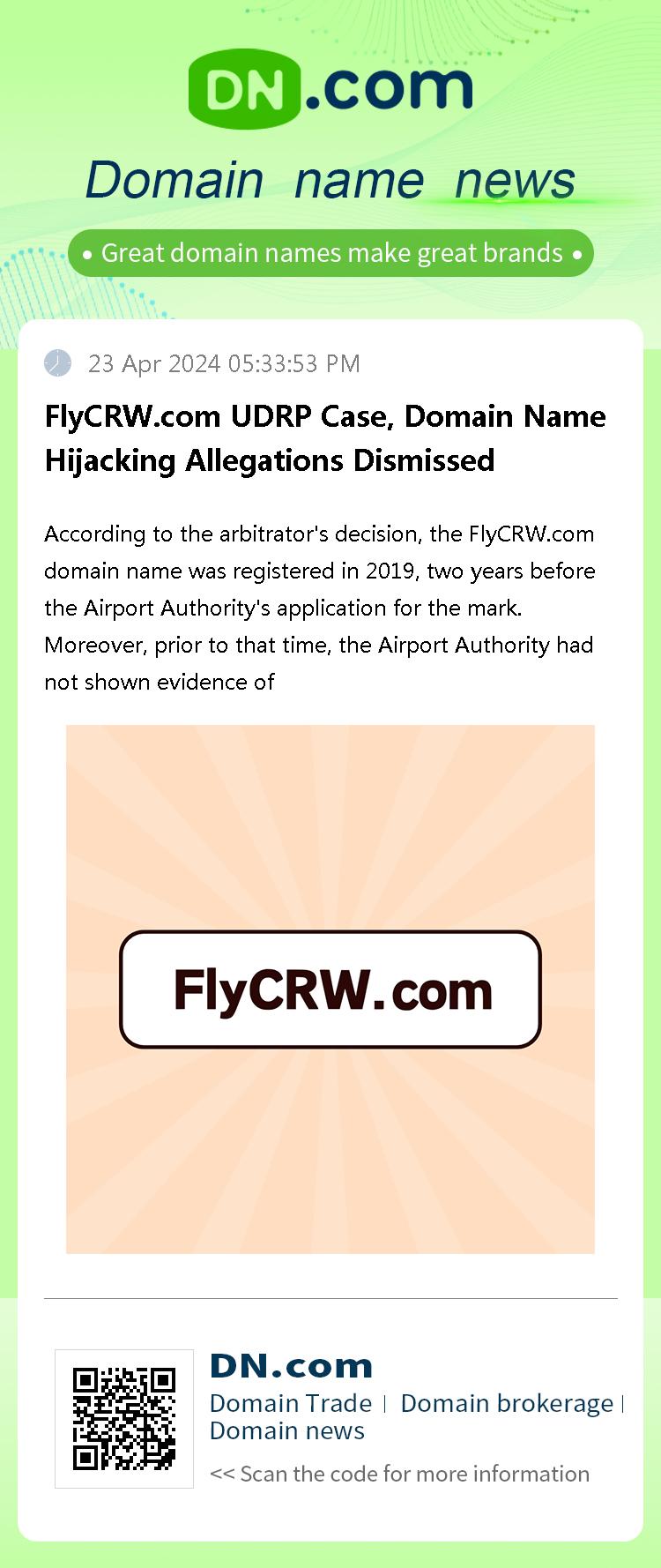 FlyCRW.com UDRP Case, Domain Name Hijacking Allegations Dismissed