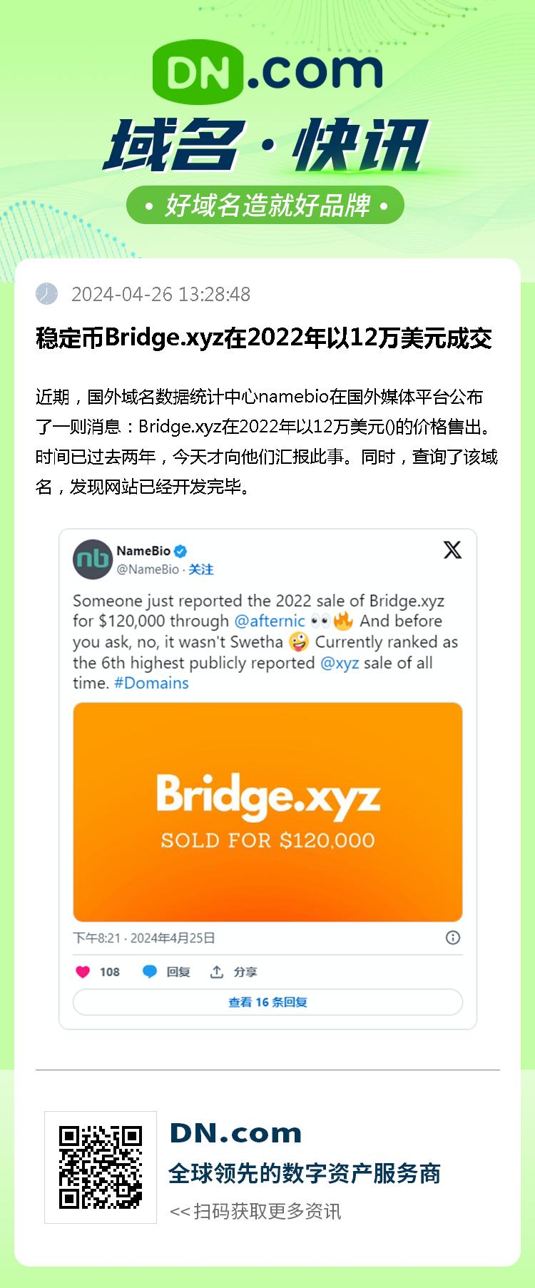 稳定币Bridge.xyz在2022年以12万美元成交