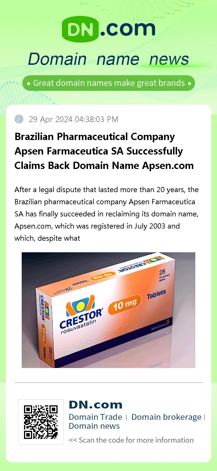 Brazilian Pharmaceutical Company Apsen Farmaceutica SA Successfully Claims Back Domain Name Apsen.com