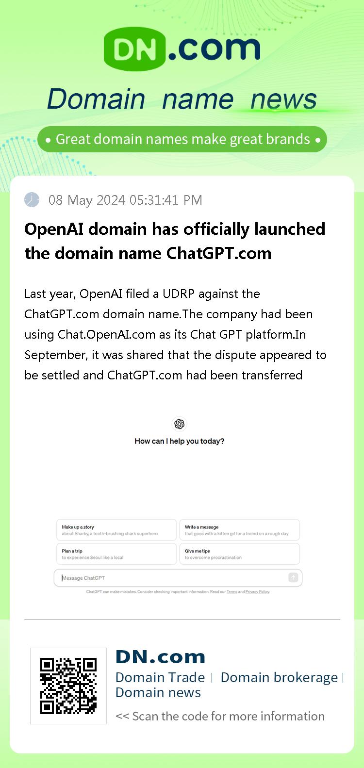 OpenAI domain has officially launched the domain name ChatGPT.com