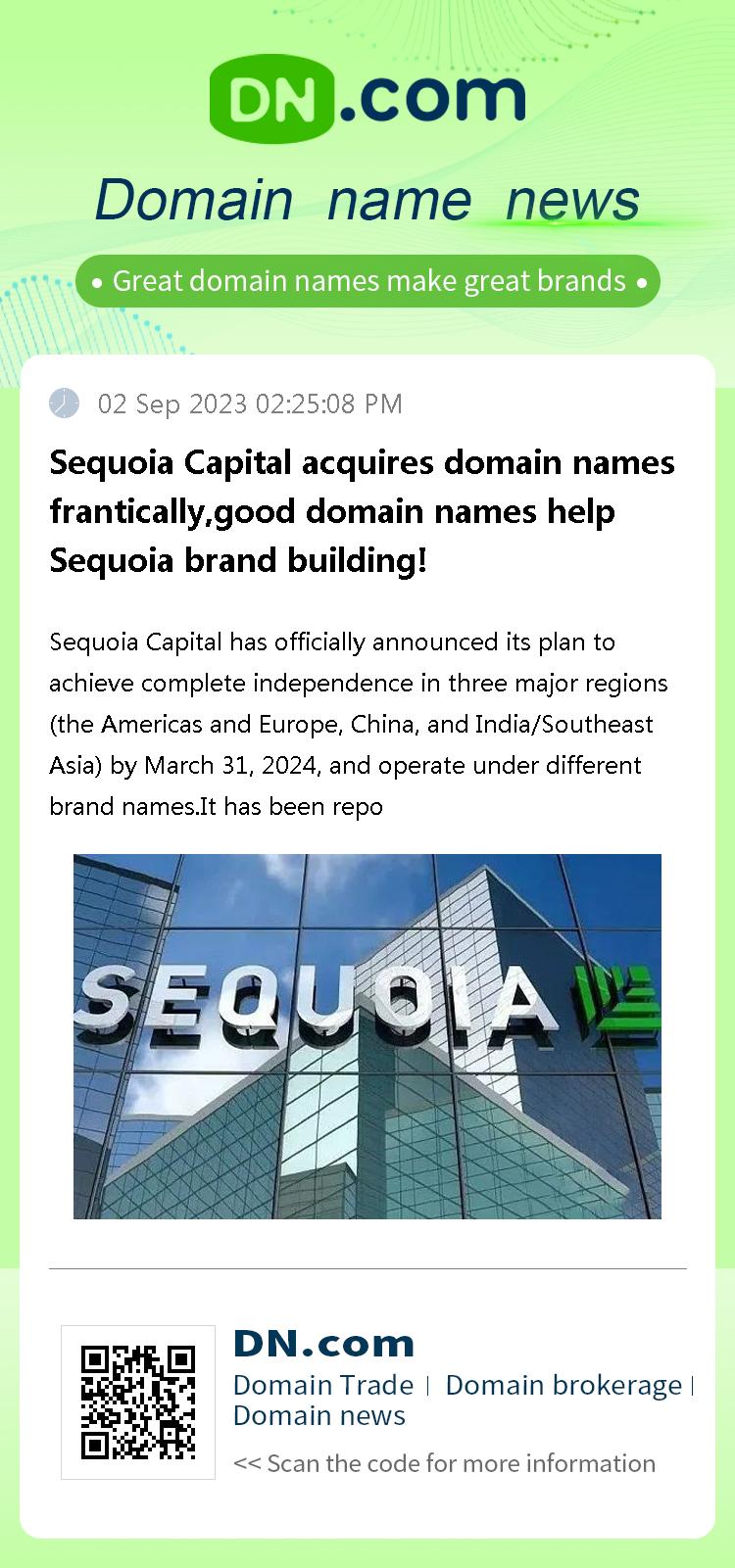 Sequoia Capital acquires domain names frantically,good domain names help Sequoia brand building!