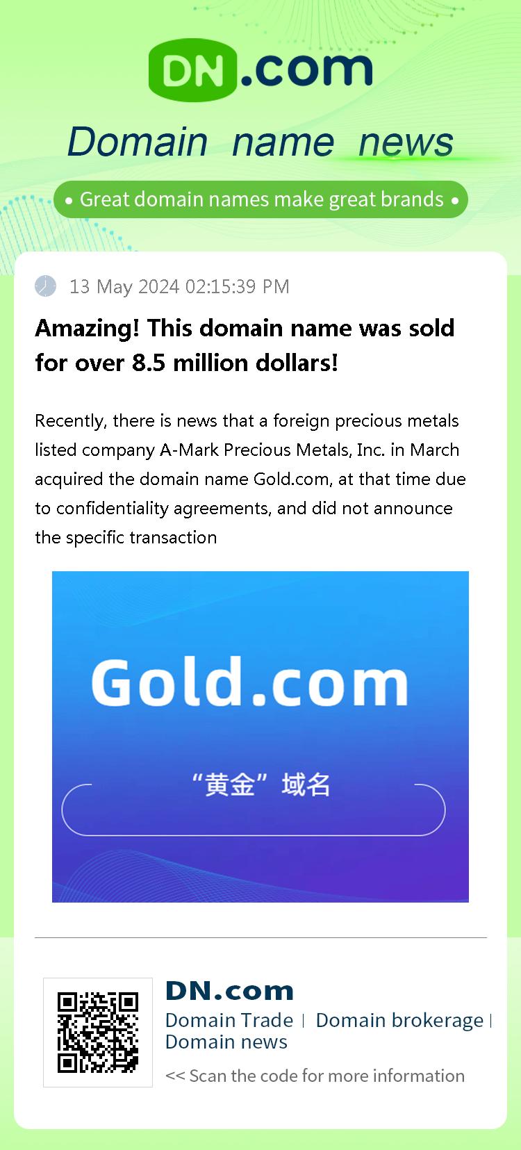 Amazing! This domain name was sold for over 8.5 million dollars!