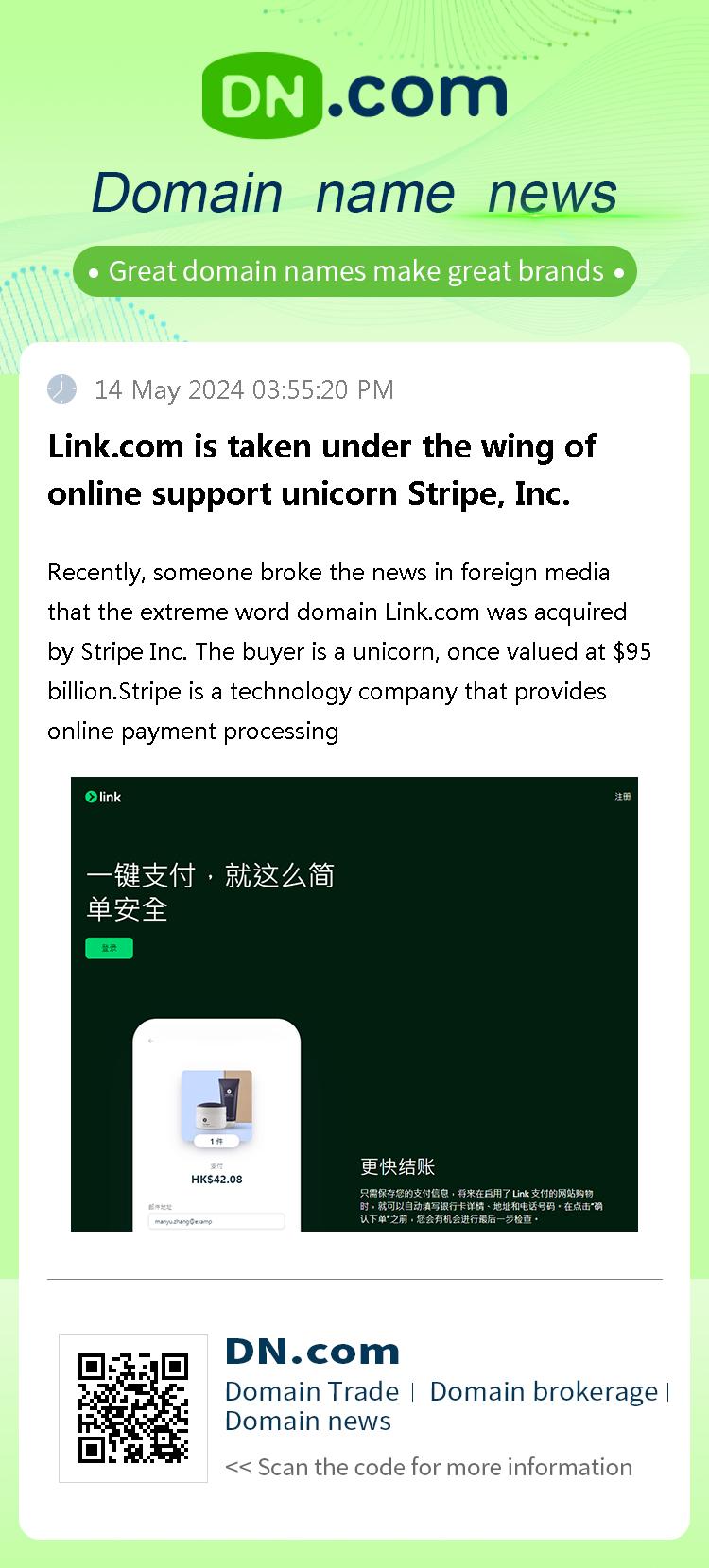 Link.com is taken under the wing of online support unicorn Stripe, Inc.