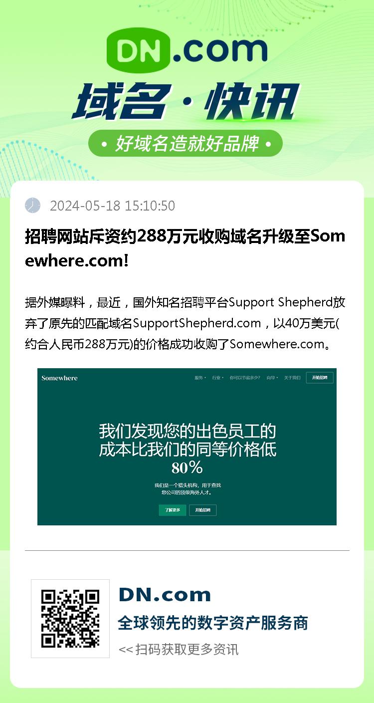 招聘网站斥资约288万元收购域名升级至Somewhere.com!