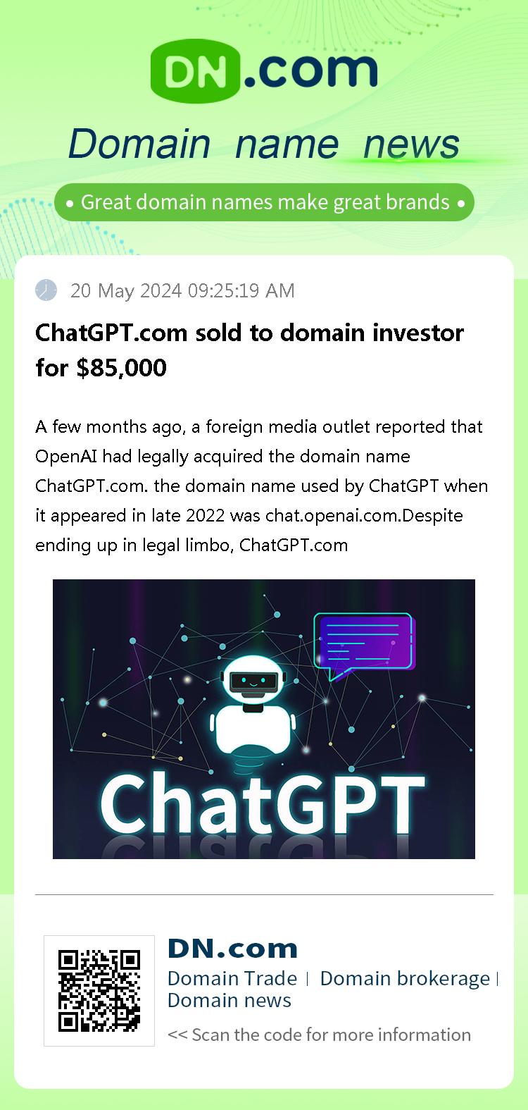 ChatGPT.com sold to domain investor for $85,000