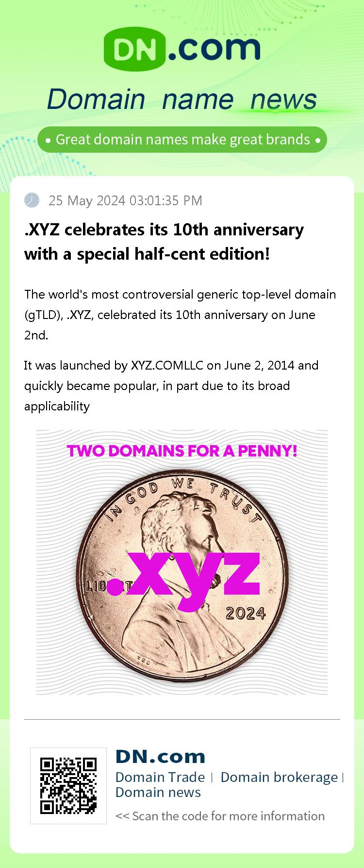 .XYZ celebrates its 10th anniversary with a special half-cent edition!