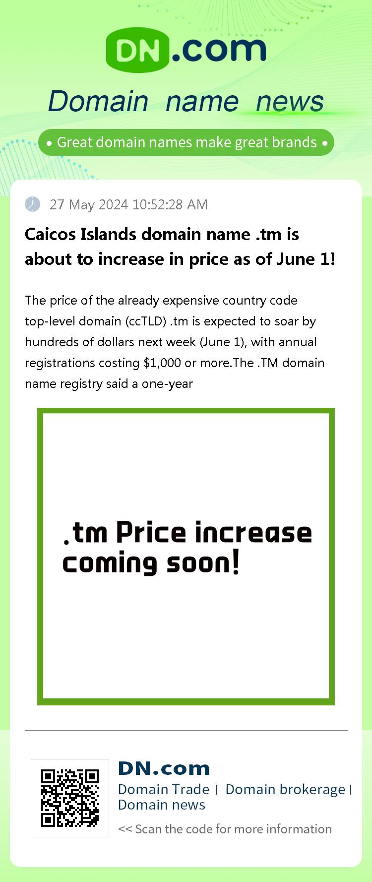 Caicos Islands domain name .tm is about to increase in price as of June 1!