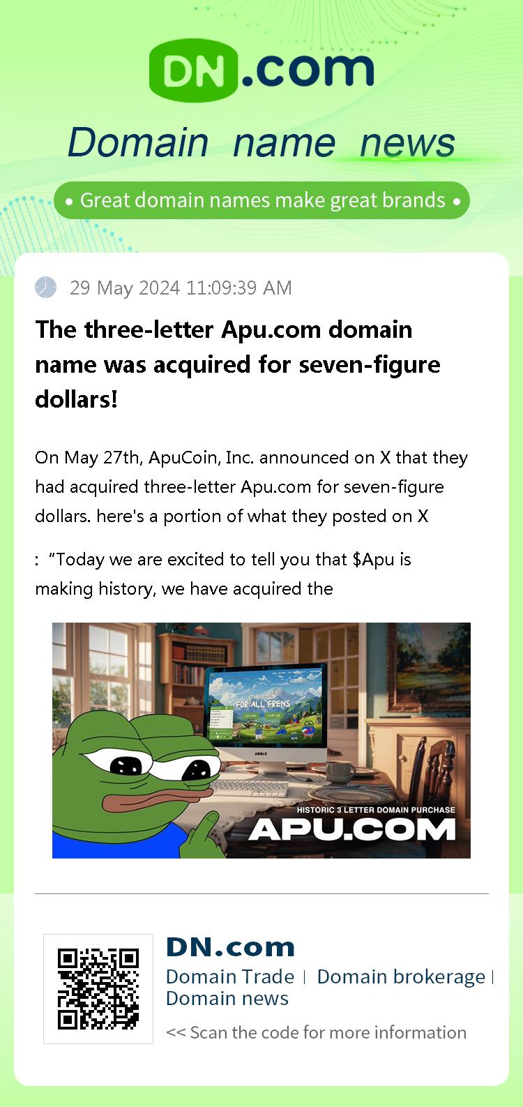 The three-letter Apu.com domain name was acquired for seven-figure dollars!