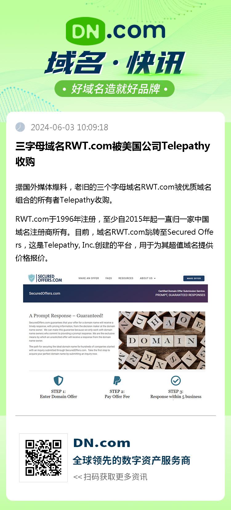 三字母域名RWT.com被美国公司Telepathy收购