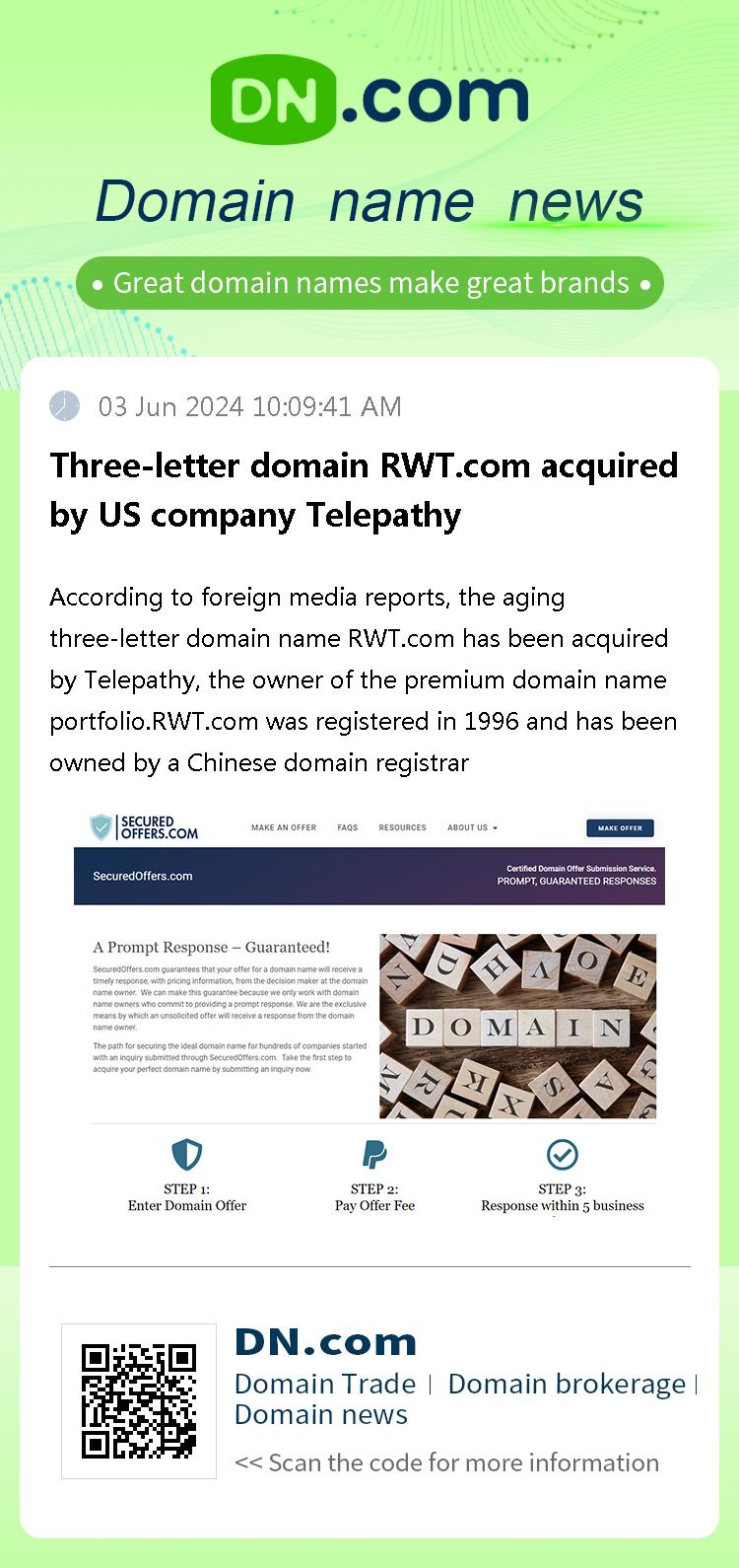 Three-letter domain RWT.com acquired by US company Telepathy