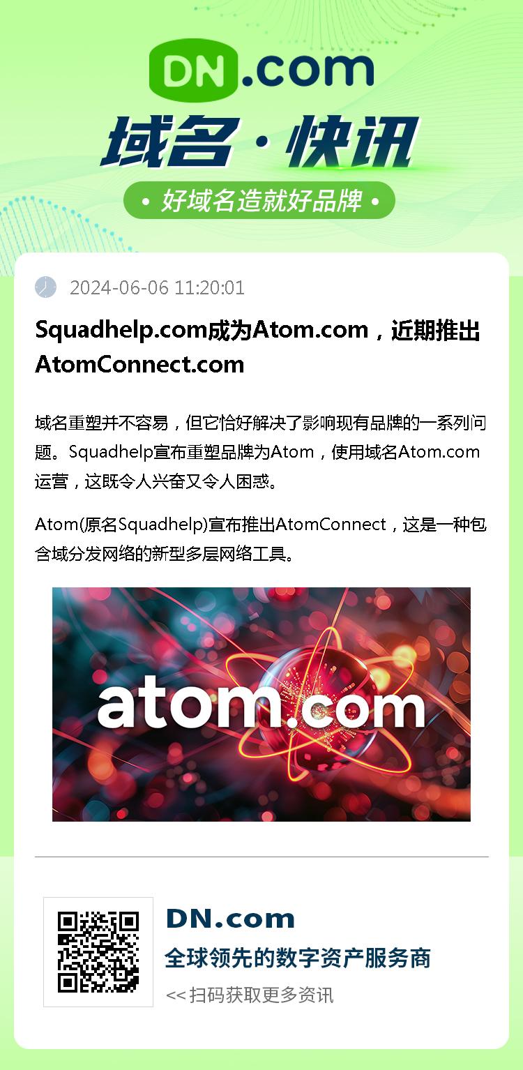 Squadhelp.com成为Atom.com，近期推出AtomConnect.com