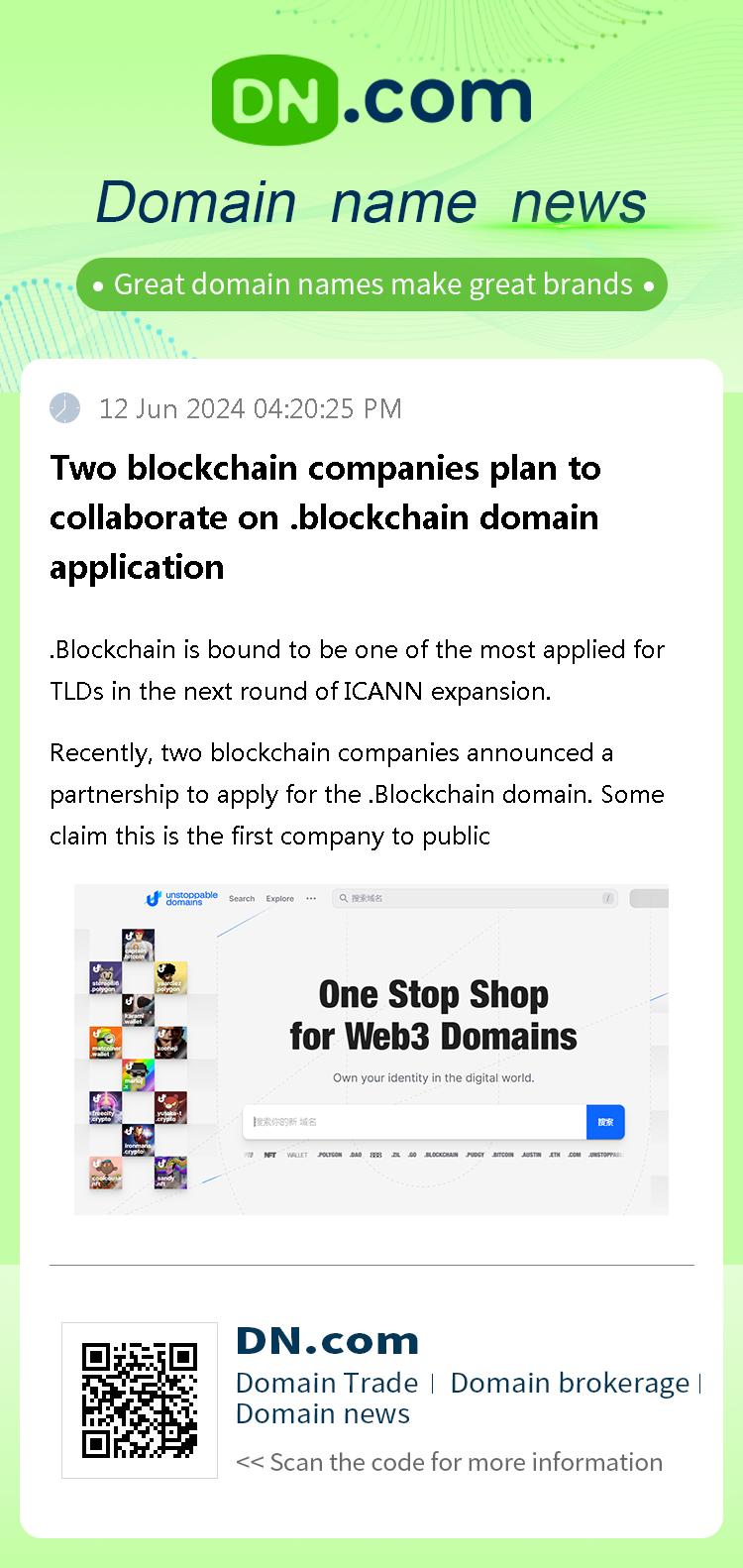 Two blockchain companies plan to collaborate on .blockchain domain application