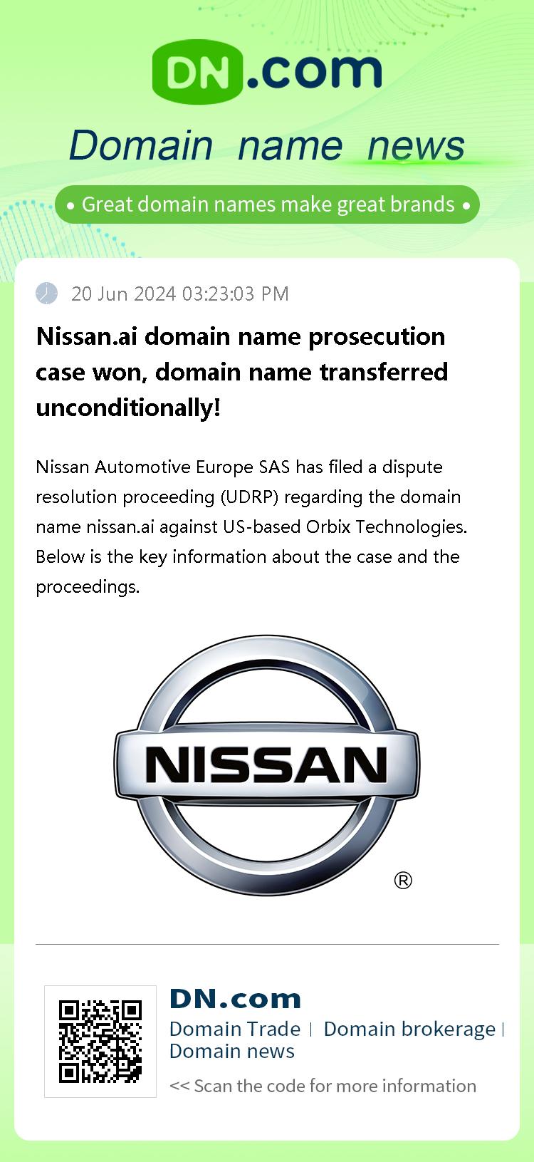 Nissan.ai domain name prosecution case won, domain name transferred unconditionally!