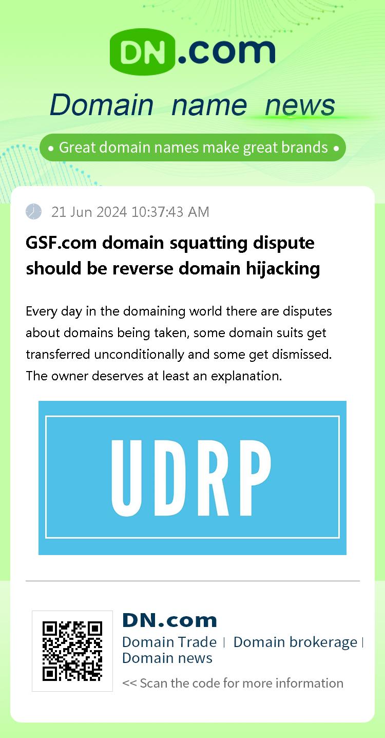 GSF.com domain squatting dispute should be reverse domain hijacking