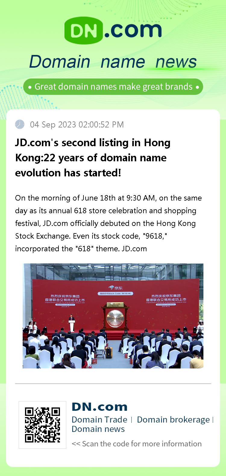 JD.com's second listing in Hong Kong:22 years of domain name evolution has started!