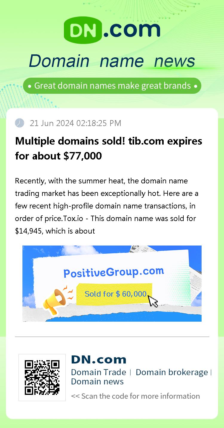 Multiple domains sold! tib.com expires for about $77,000