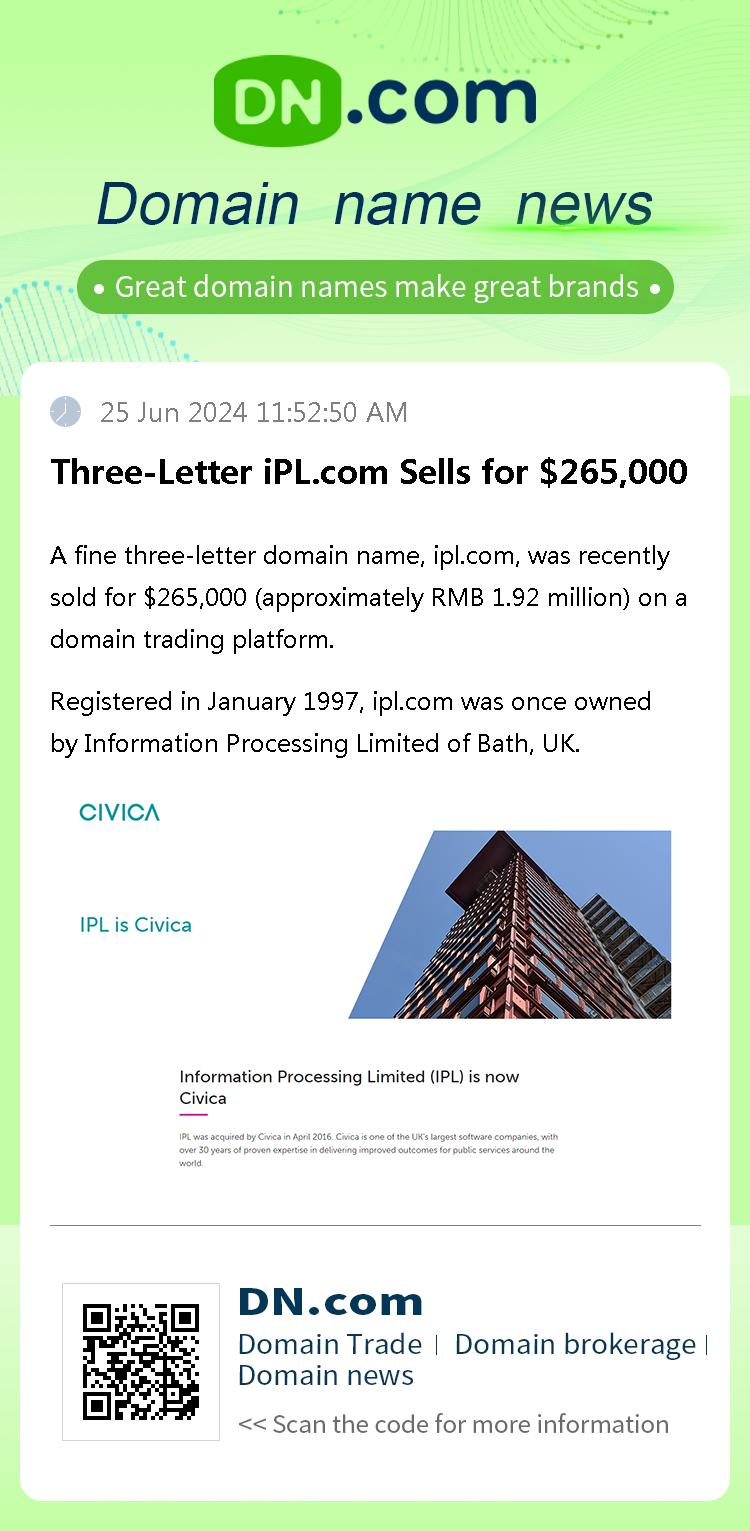 Three-Letter iPL.com Sells for $265,000