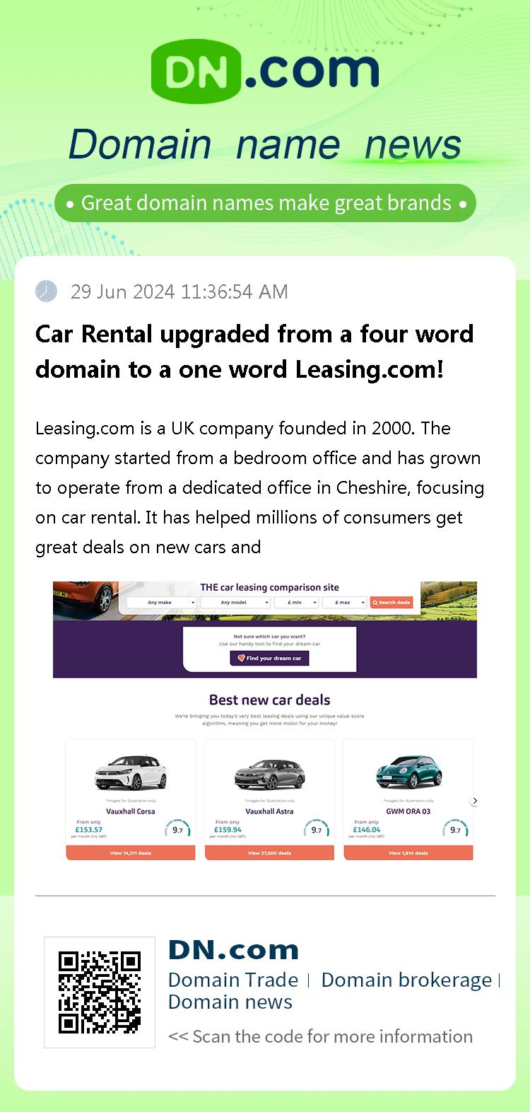 Car Rental upgraded from a four word domain to a one word Leasing.com!