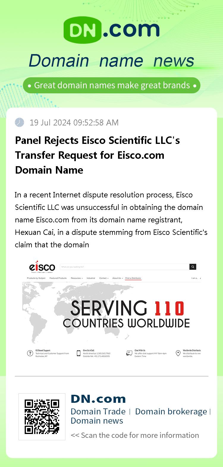 Panel Rejects Eisco Scientific LLC's Transfer Request for Eisco.com Domain Name