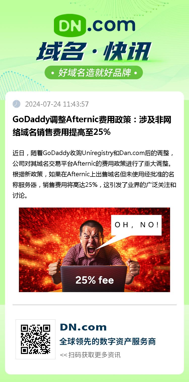 GoDaddy调整Afternic费用政策：涉及非网络域名销售费用提高至25%