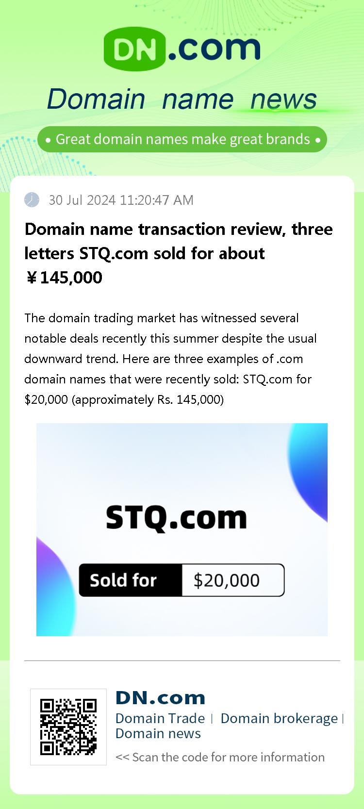 Domain name transaction review, three letters STQ.com sold for about ￥145,000