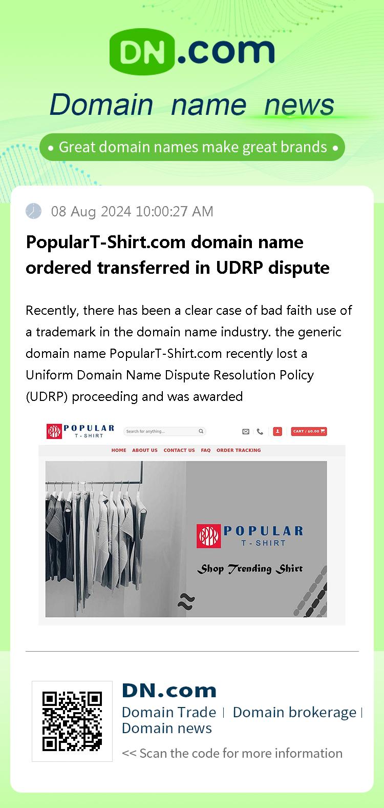 PopularT-Shirt.com domain name ordered transferred in UDRP dispute