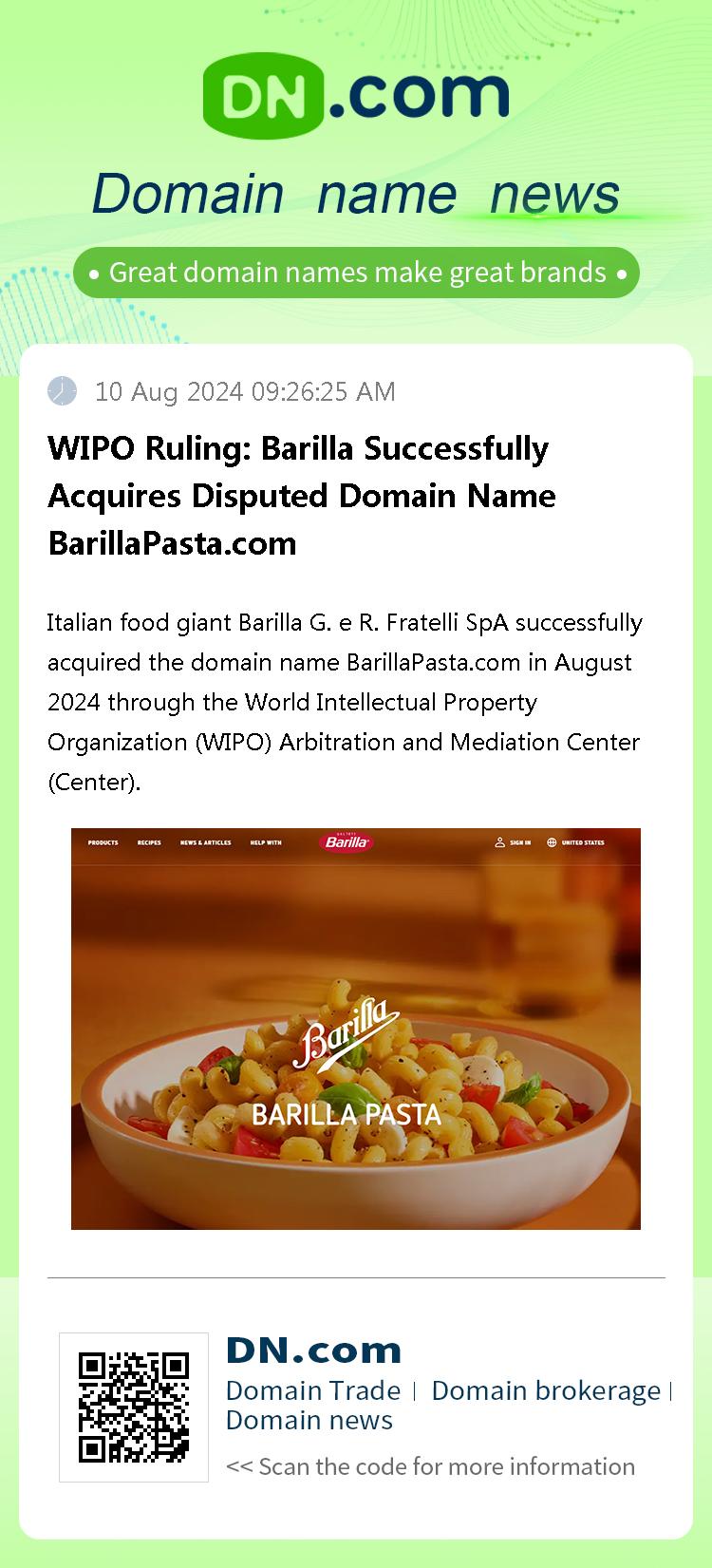 WIPO Ruling: Barilla Successfully Acquires Disputed Domain Name BarillaPasta.com