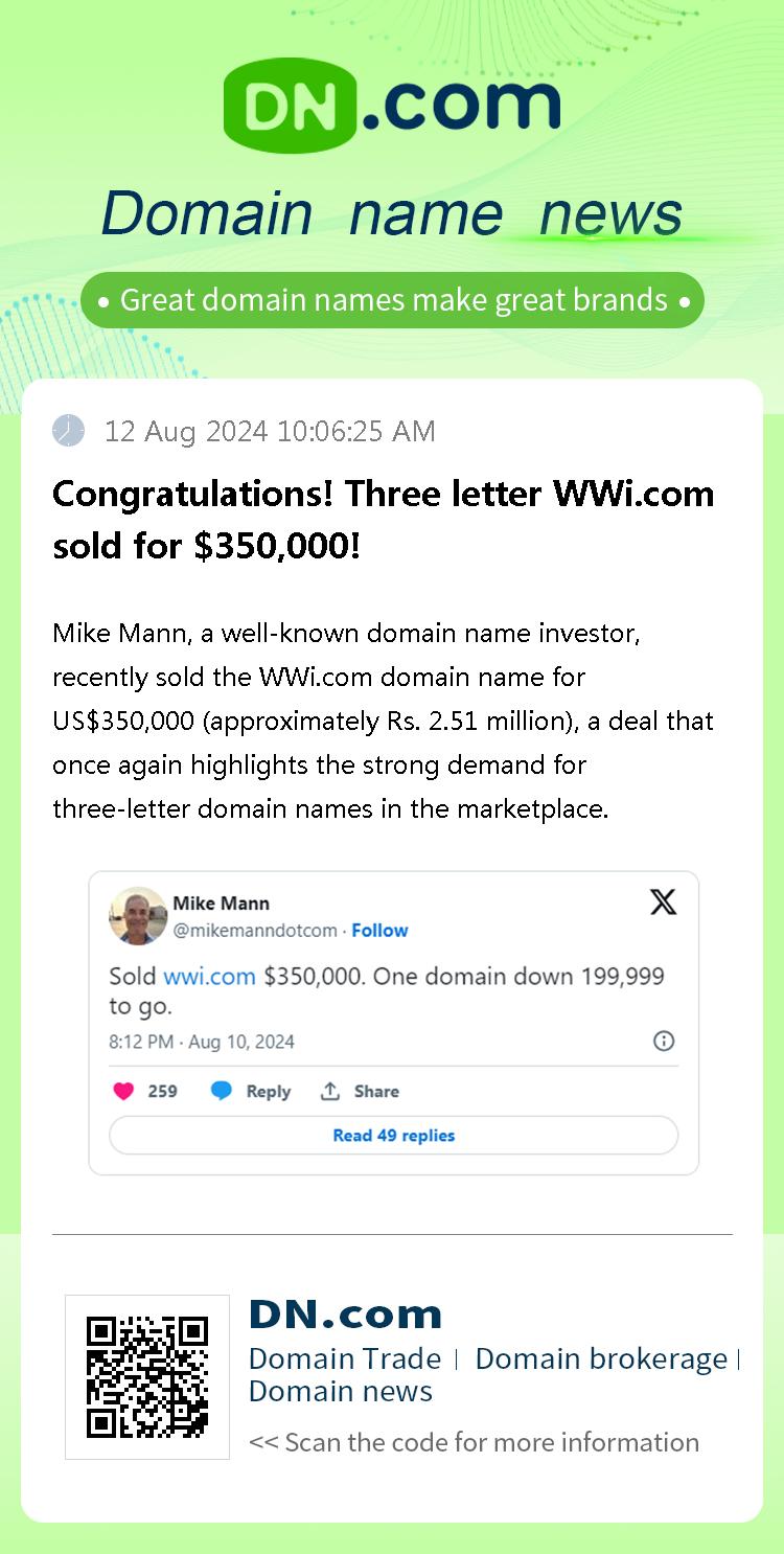 Congratulations! Three letter WWi.com sold for $350,000!