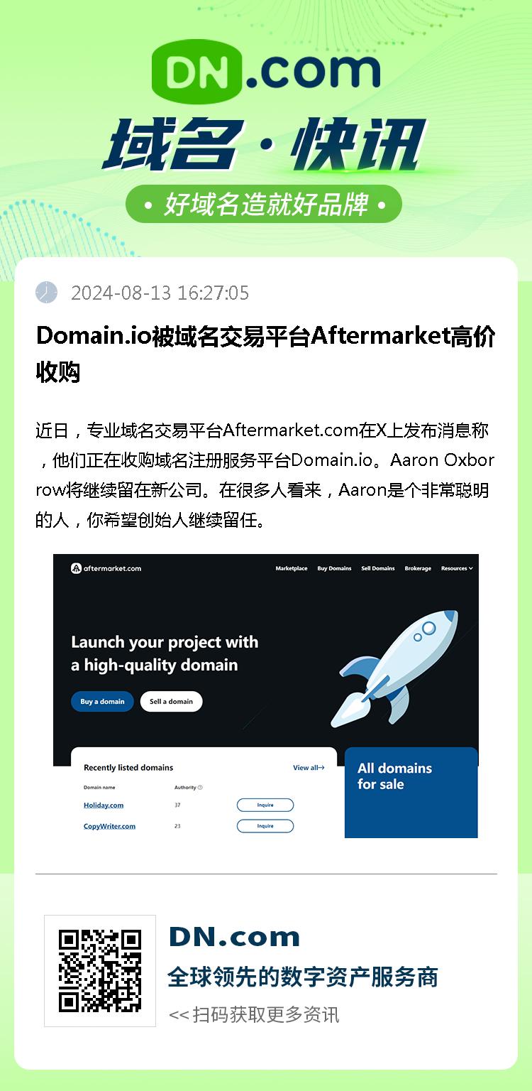 Domain.io被域名交易平台Aftermarket高价收购