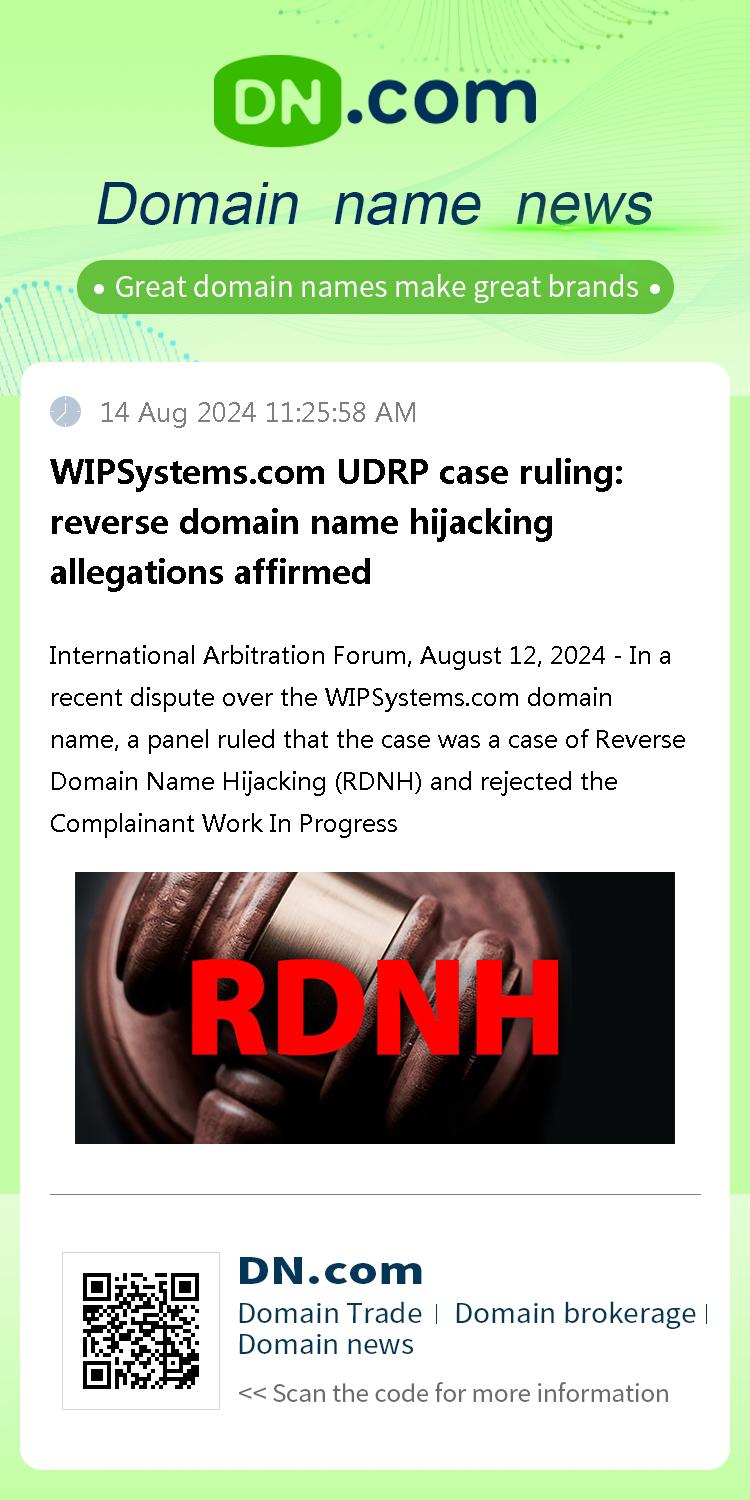 WIPSystems.com UDRP case ruling: reverse domain name hijacking allegations affirmed