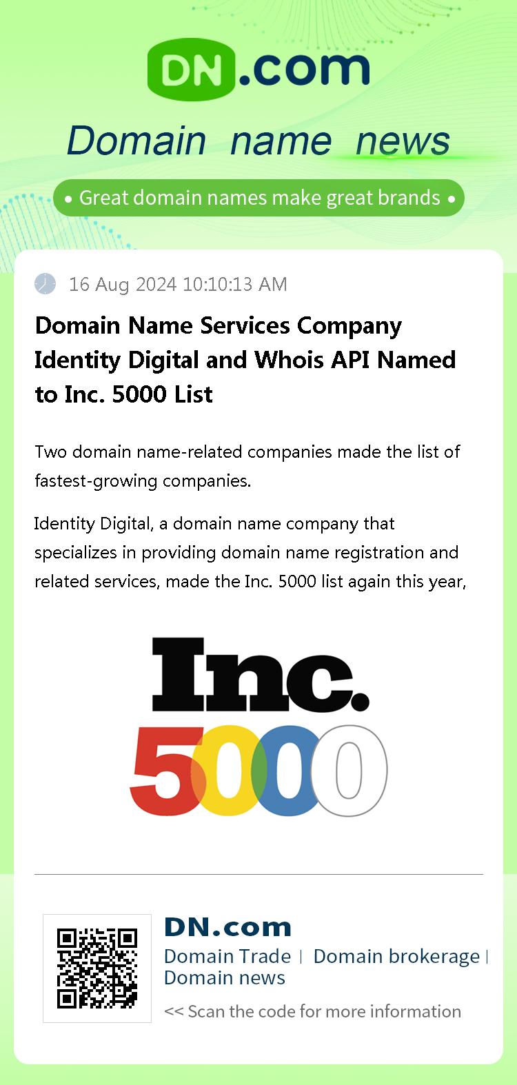 Domain Name Services Company Identity Digital and Whois API Named to Inc. 5000 List