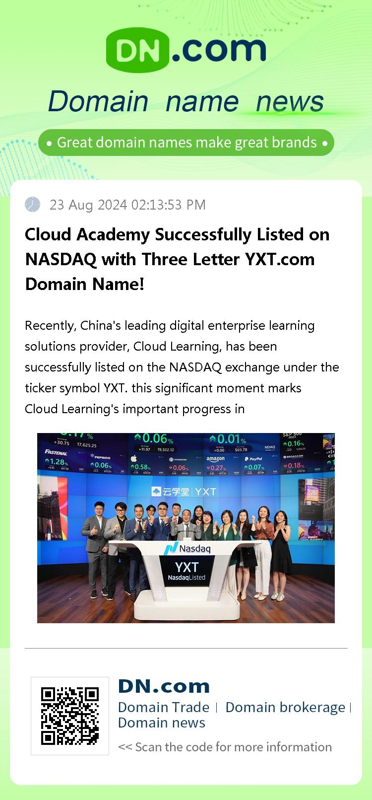 Cloud Academy Successfully Listed on NASDAQ with Three Letter YXT.com Domain Name!