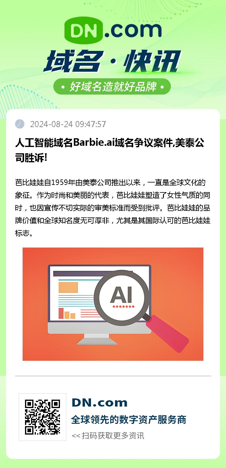 人工智能域名Barbie.ai域名争议案件,美泰公司胜诉!