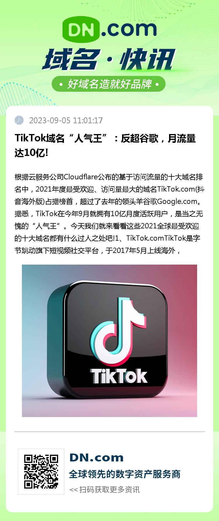 TikTok域名“人气王”：反超谷歌，月流量达10亿!