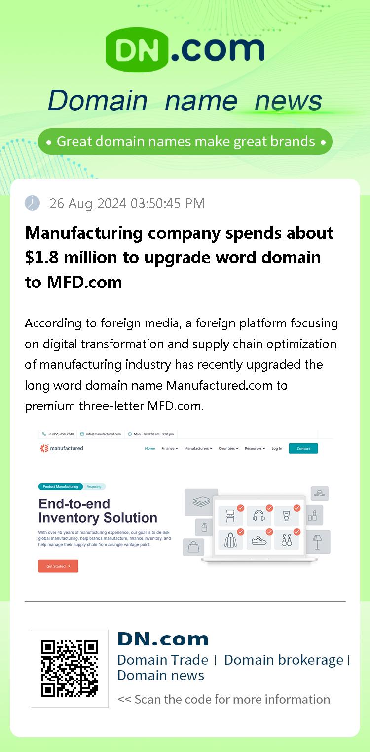 Manufacturing company spends about $1.8 million to upgrade word domain to MFD.com