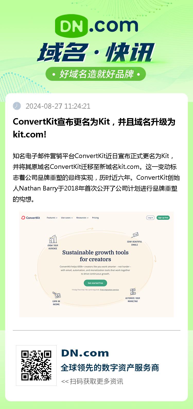 ConvertKit宣布更名为Kit，并且域名升级为kit.com!