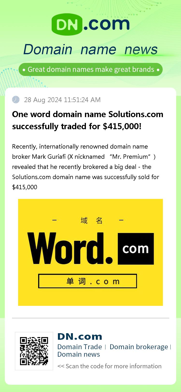 One word domain name Solutions.com successfully traded for $415,000!