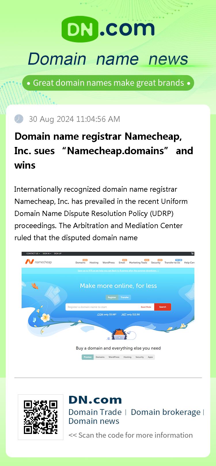 Domain name registrar Namecheap, Inc. sues “Namecheap.domains” and wins