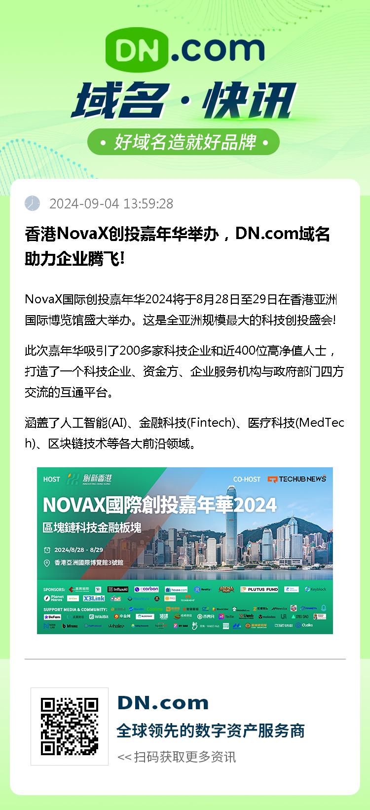 香港NovaX创投嘉年华举办，DN.com域名助力企业腾飞!