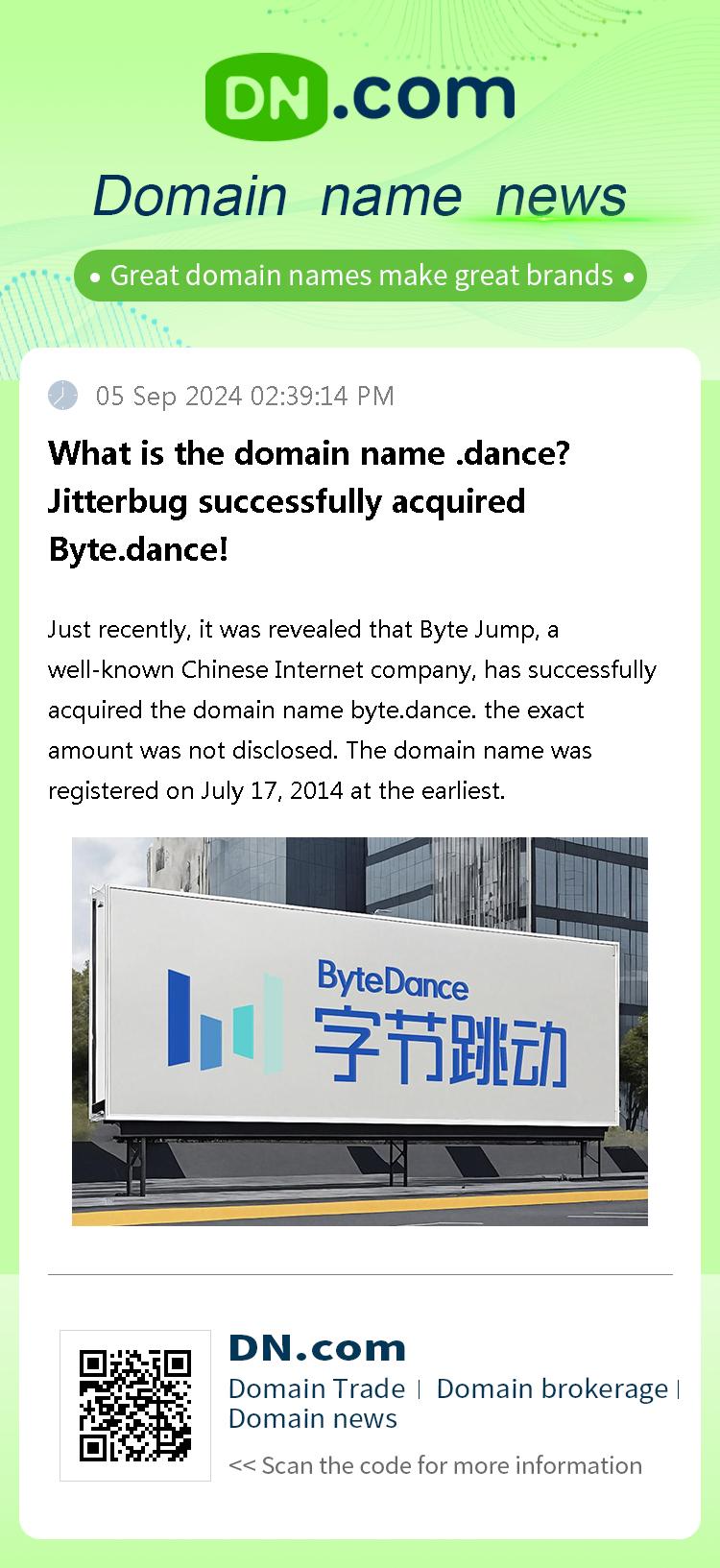 What is the domain name .dance? Jitterbug successfully acquired Byte.dance!